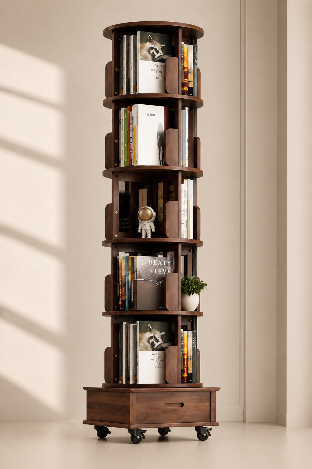 The Rotating Walnut Bookshelf: A Column of Books, Considered from Every Angle